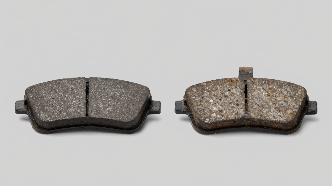 Comparison of new thick brake pad versus worn thin brake pad