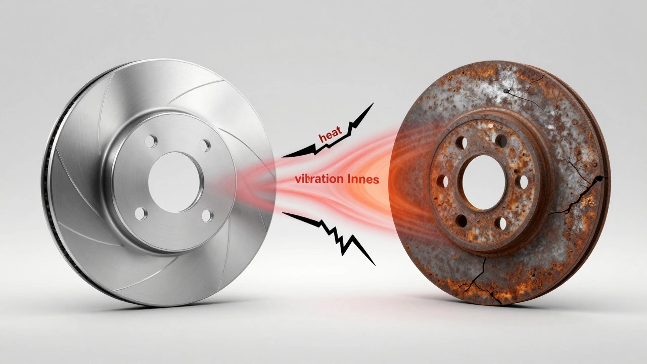 Comparison of new versus warped and cracked brake rotors