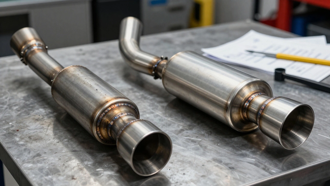 Comparison of rusty stock exhaust vs shiny new stainless steel performance exhaust.