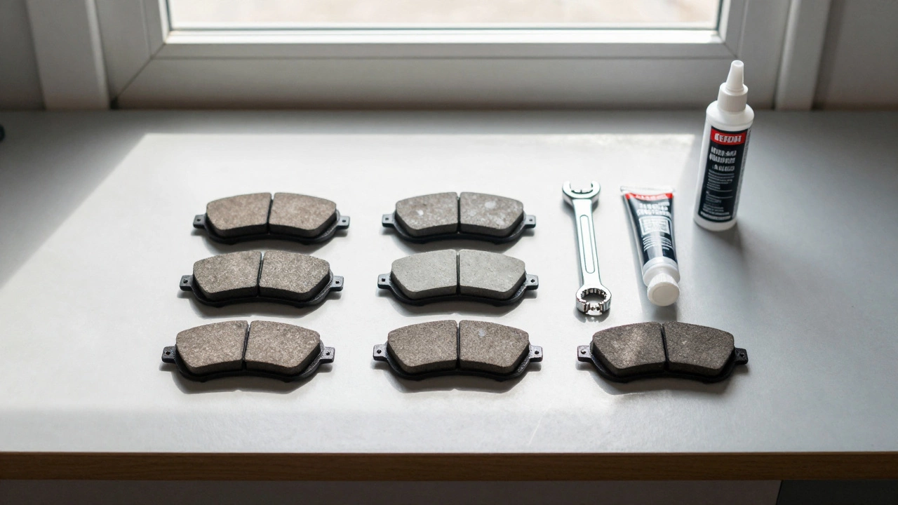 Different types of brake pads and maintenance tools on a workbench