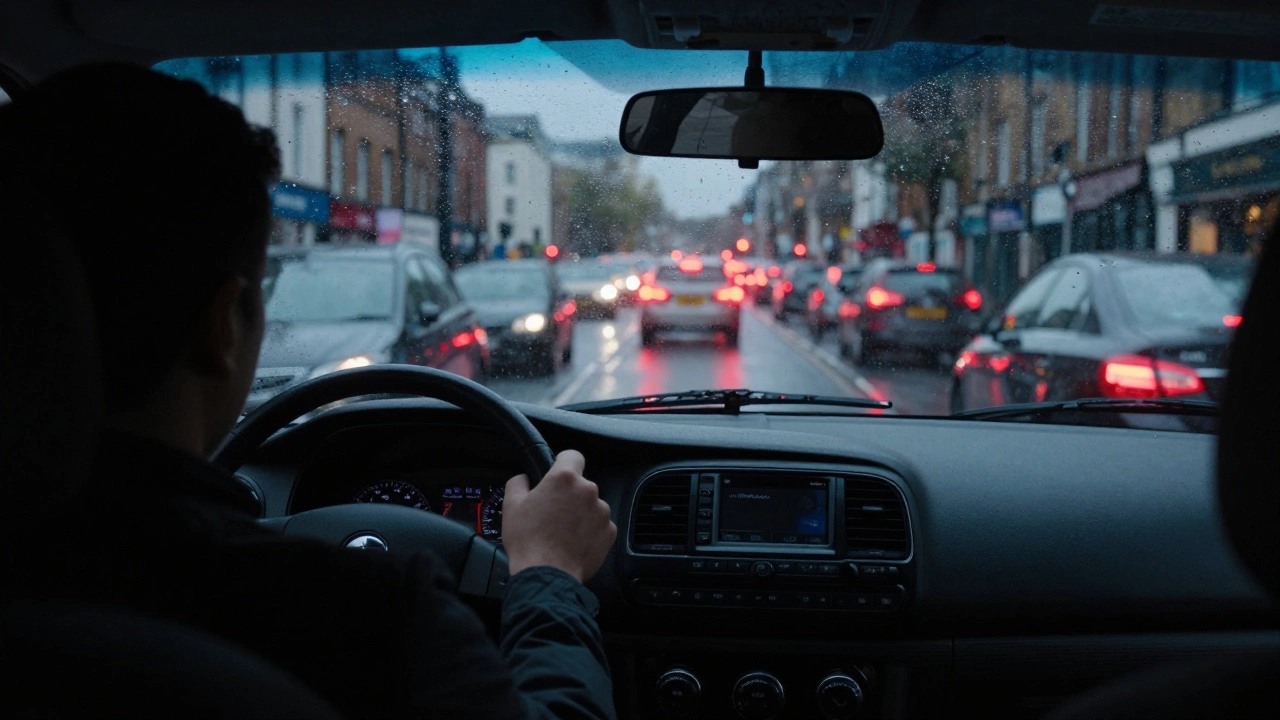 Driver in car facing heavy rainy city traffic in Bristol
