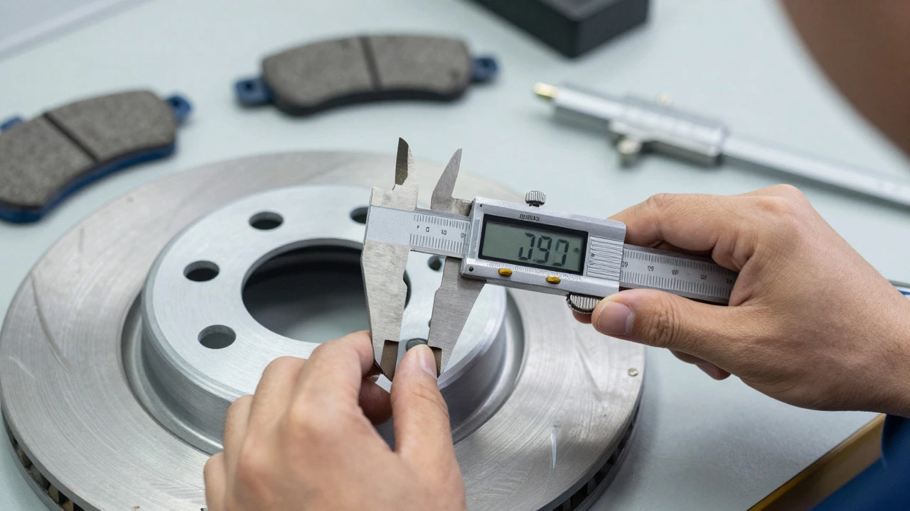 Mechanic using a caliper to measure the thickness of a brake disc