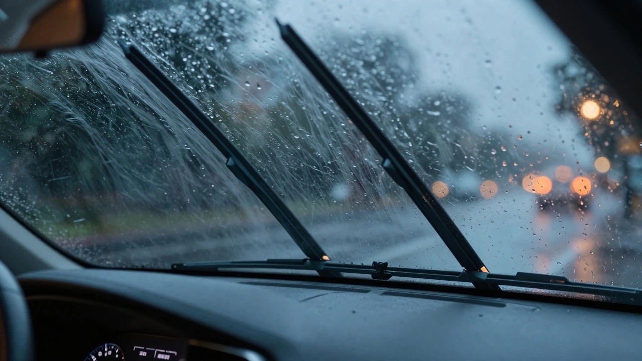 New wiper blades clearing rain from a car windshield