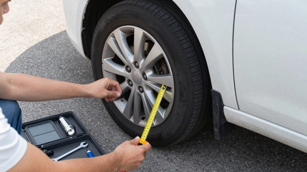 Person measuring wheel arch gap to check for suspension sag