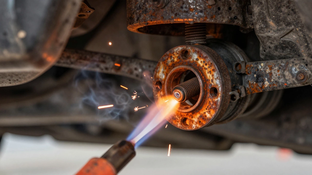 Propane torch heating a rusted exhaust bolt under a car