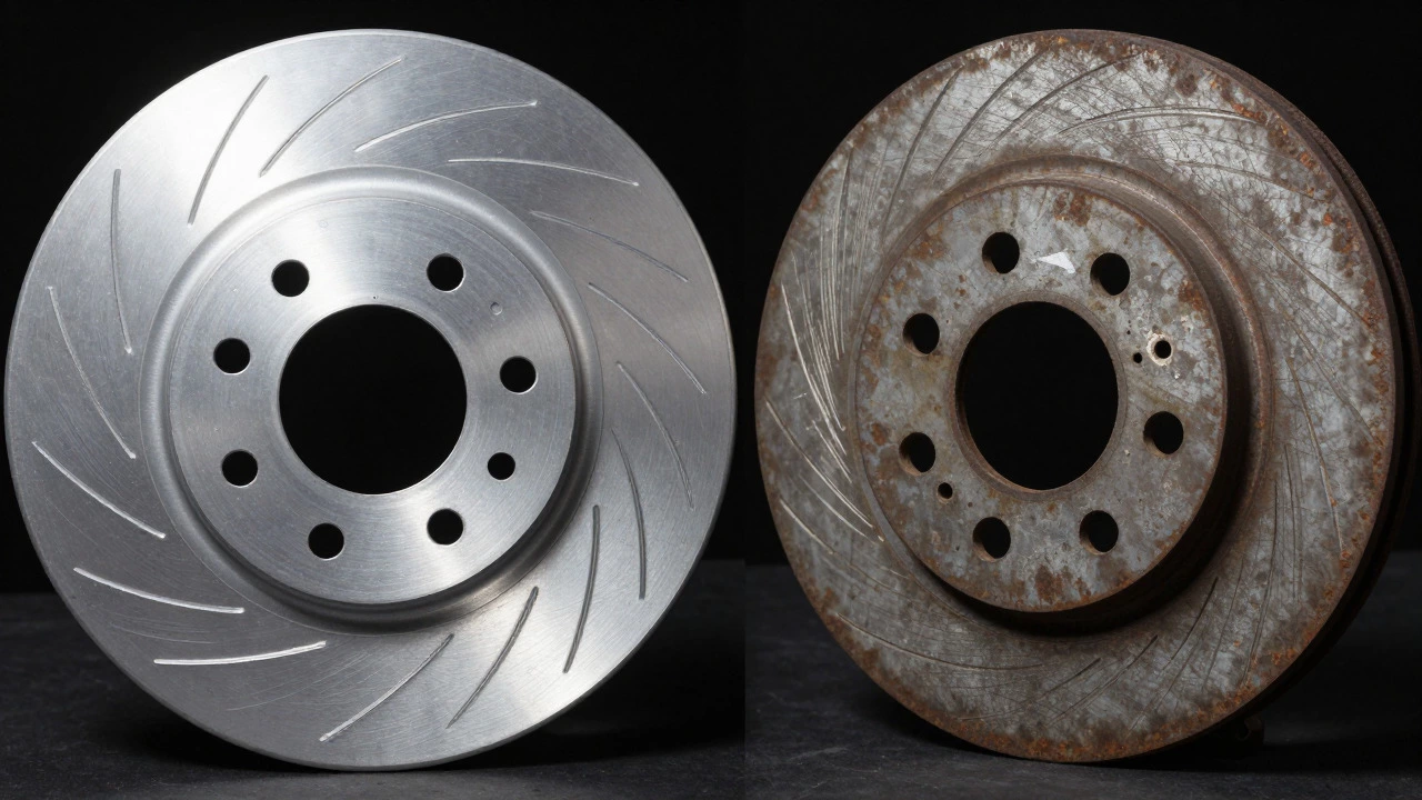 Side-by-side comparison of a new shiny brake disc and an old worn one