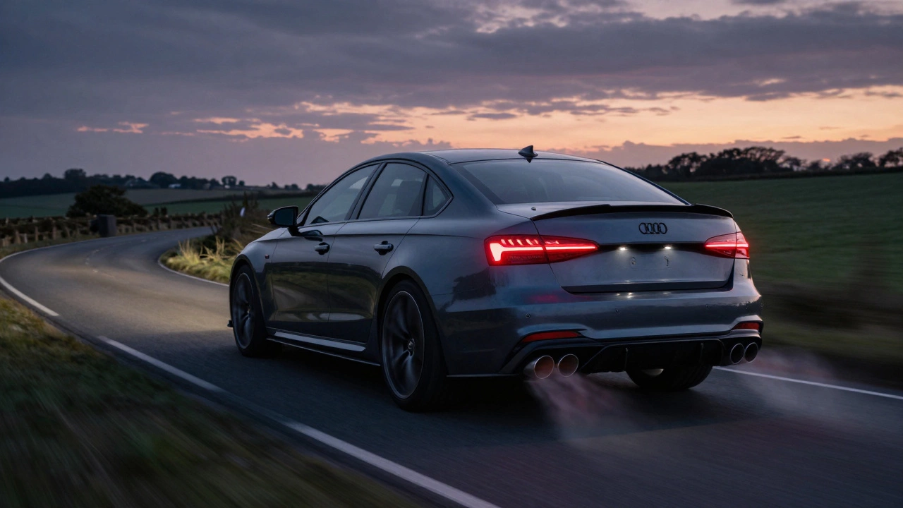Sports car driving on a road at dusk with visible exhaust heat waves from tailpipes.