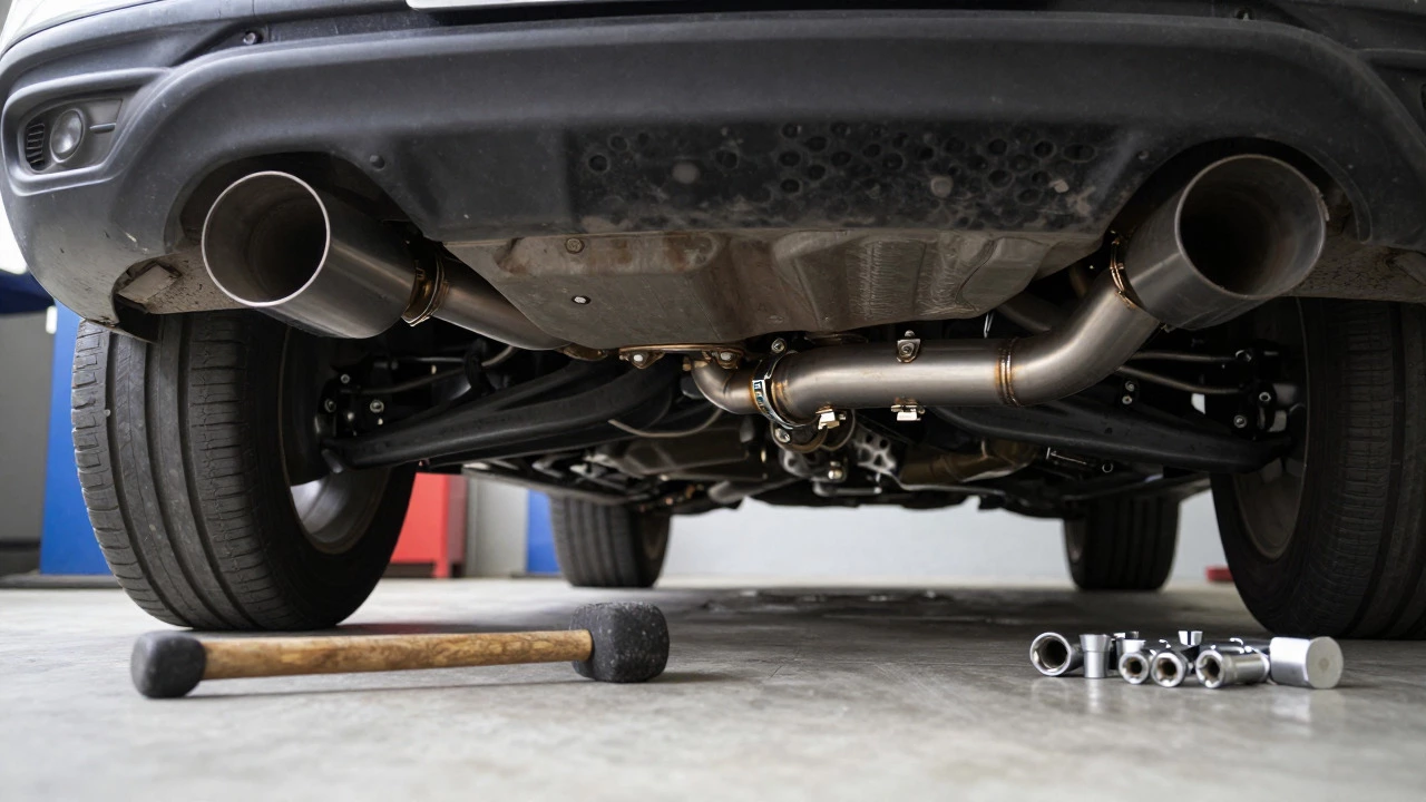Undercarriage view of a new exhaust system being installed