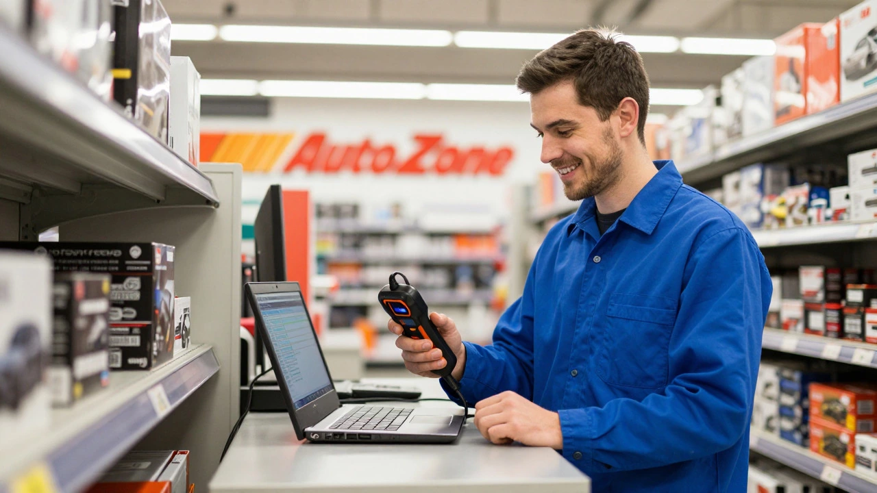 Auto parts specialist using diagnostic scanner tool