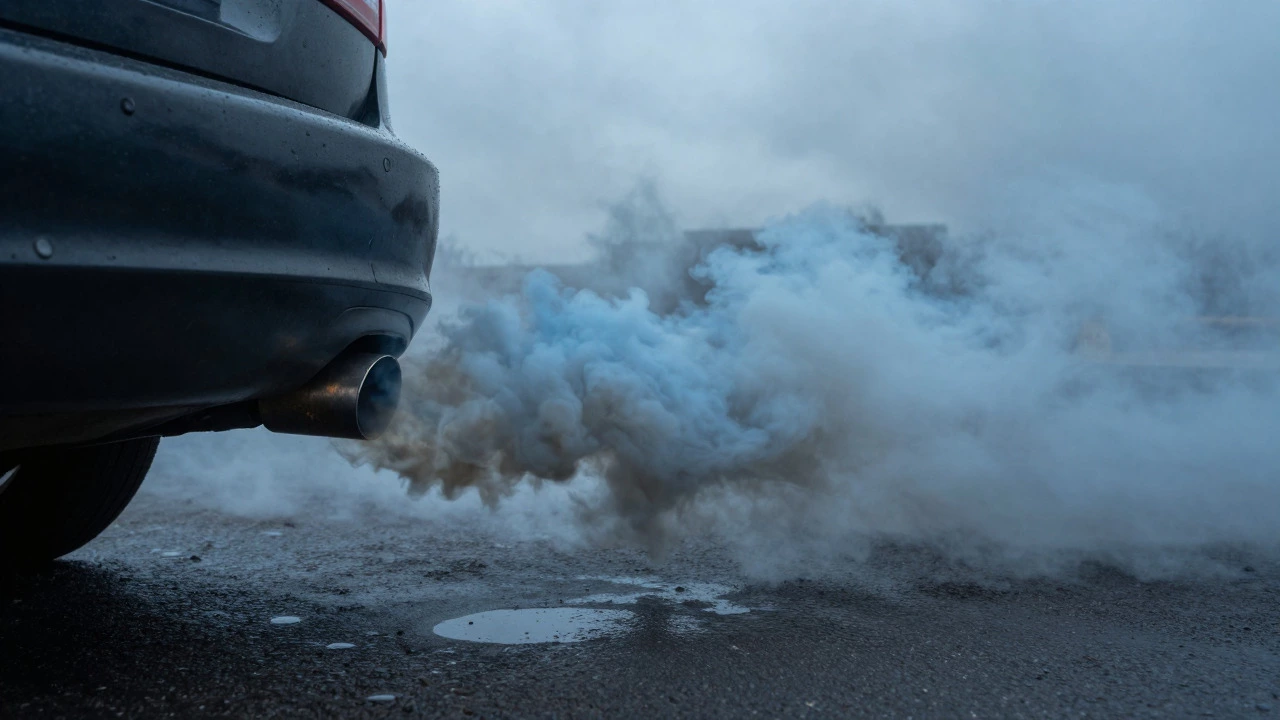 Blue smoke from car exhaust and oil leaks on the ground