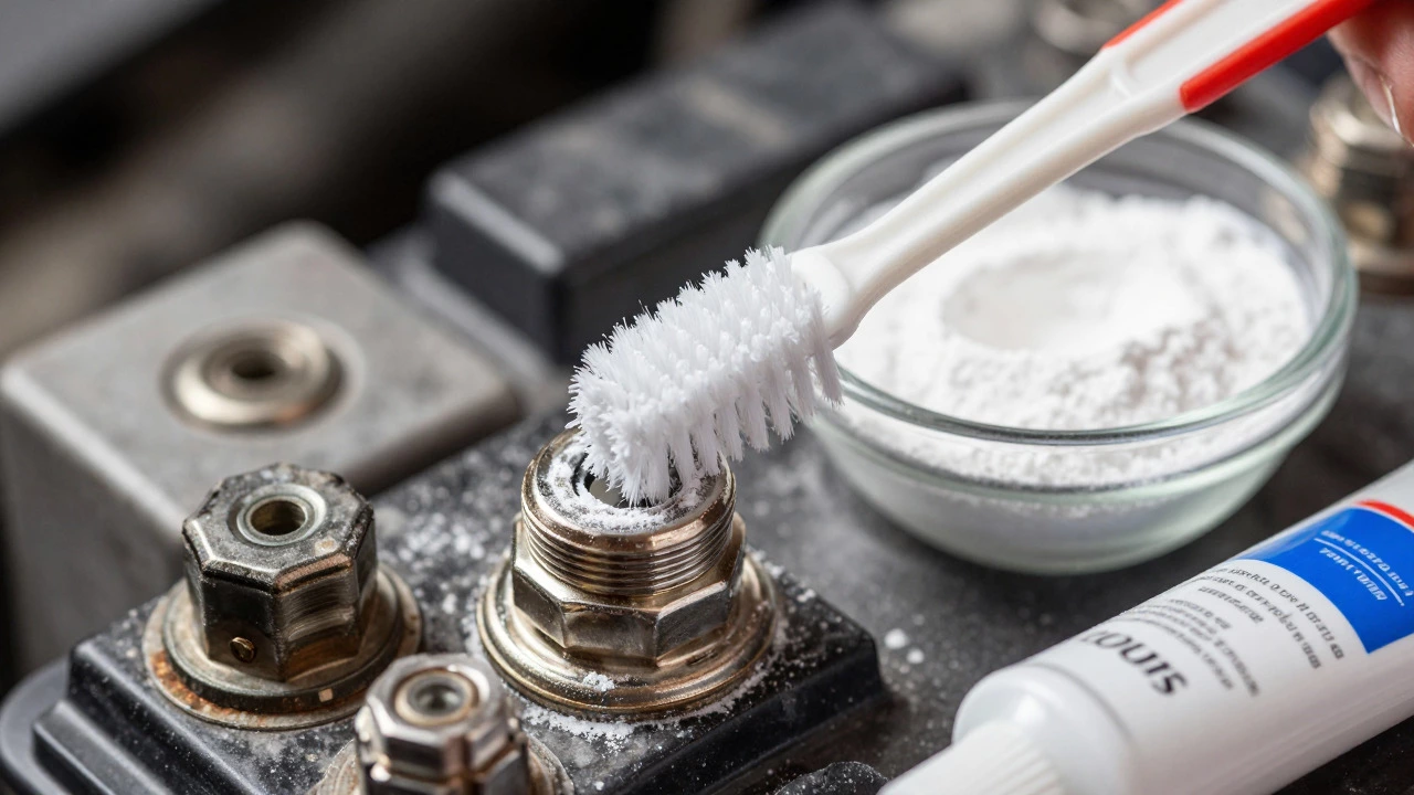 Close-up of cleaning white corrosion off a car battery terminal with a toothbrush
