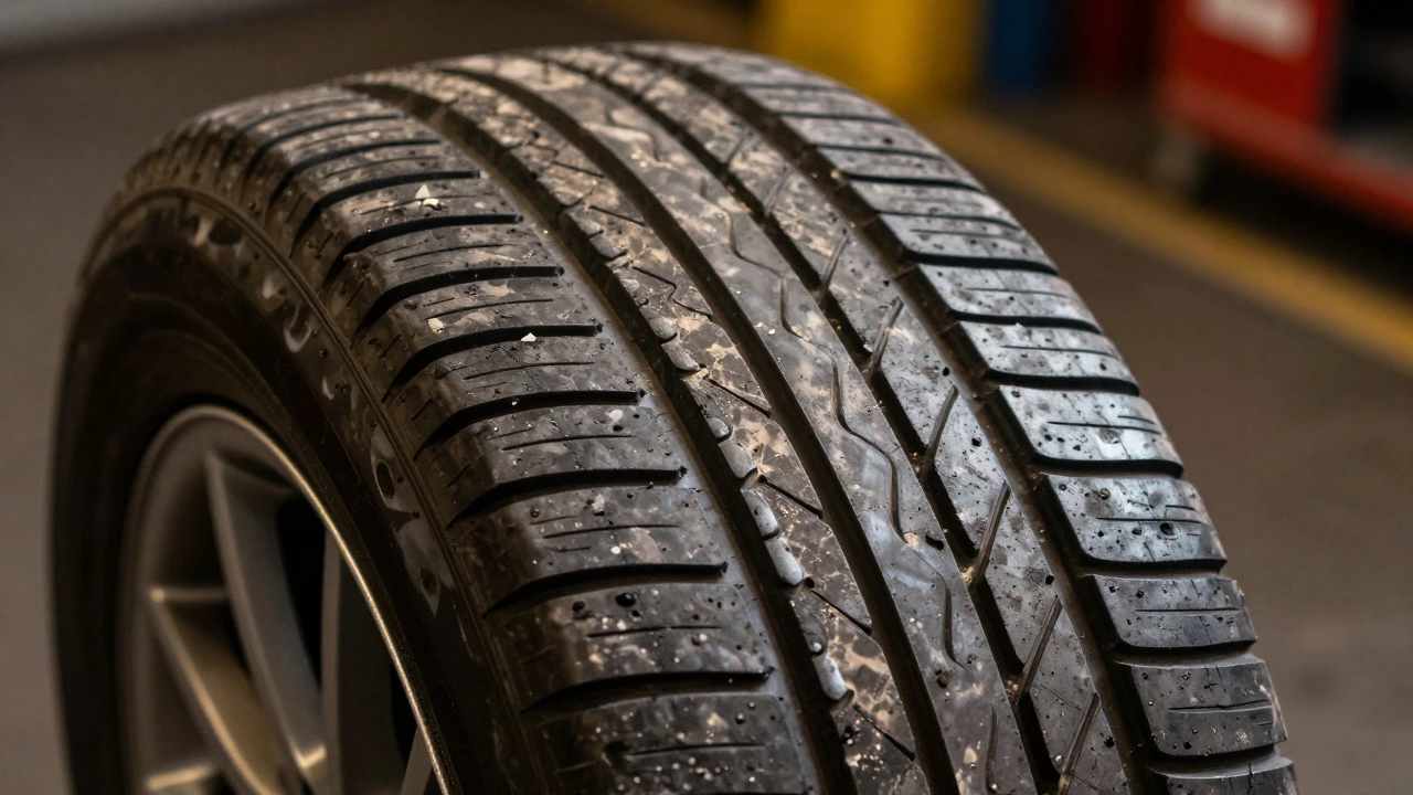 Close-up of tire tread with cupping wear pattern