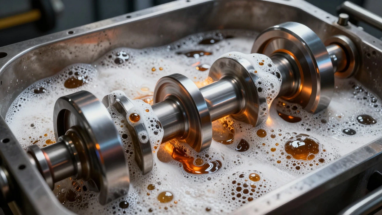 Crankshaft churning excess oil into frothy foam inside engine