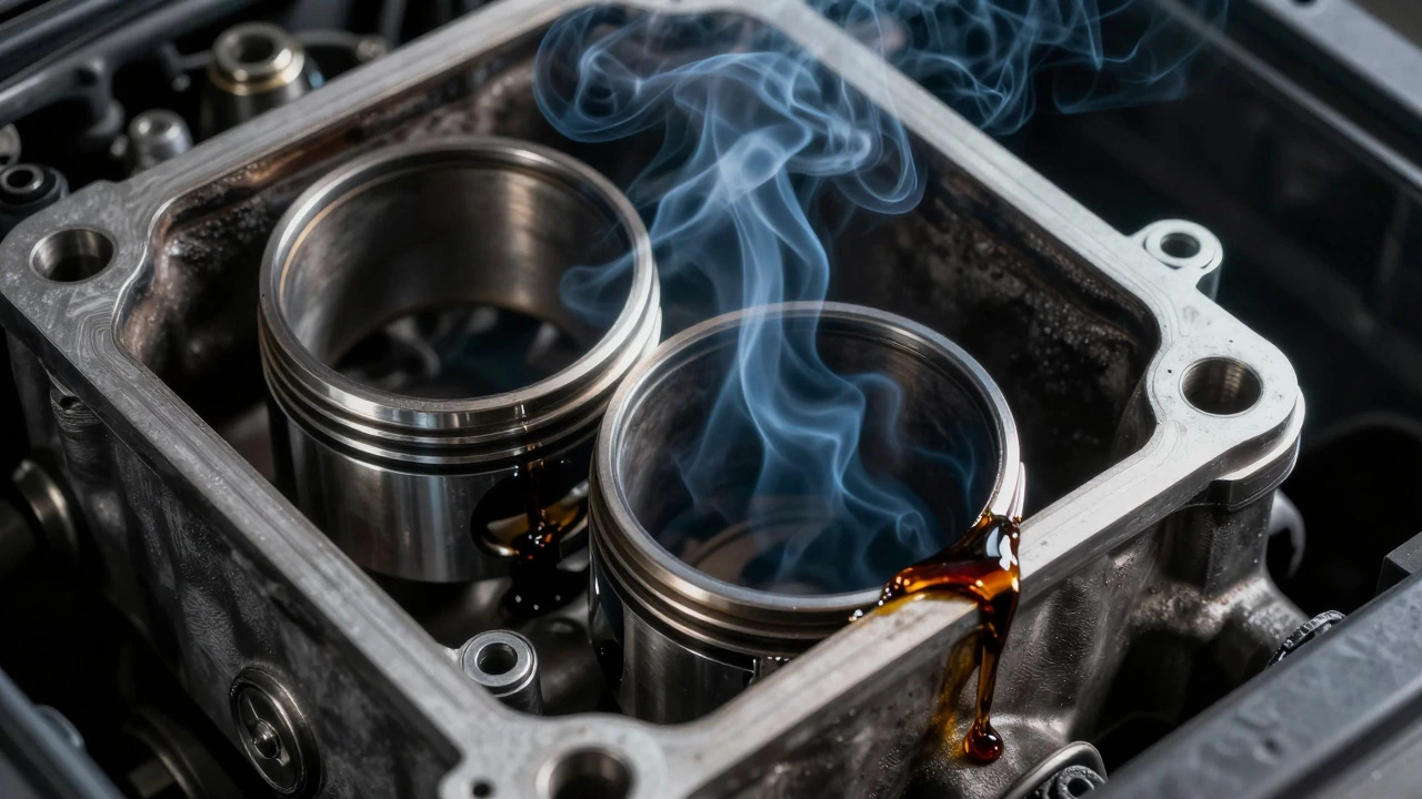 Cross-section of engine showing worn piston rings and oil leaking from gasket