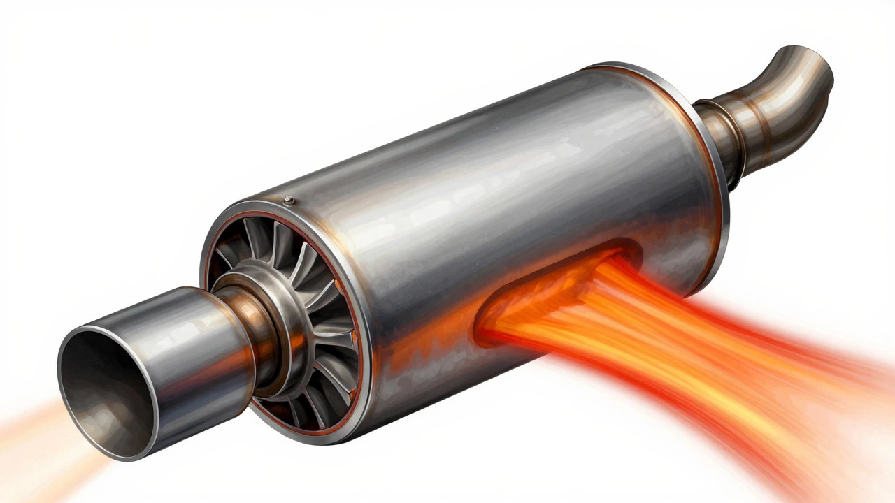 Cross-section view showing internal muffler baffles and airflow