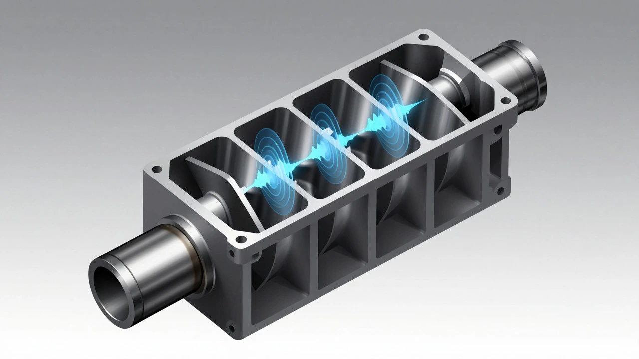Cutaway illustration showing internal chambers of a performance muffler