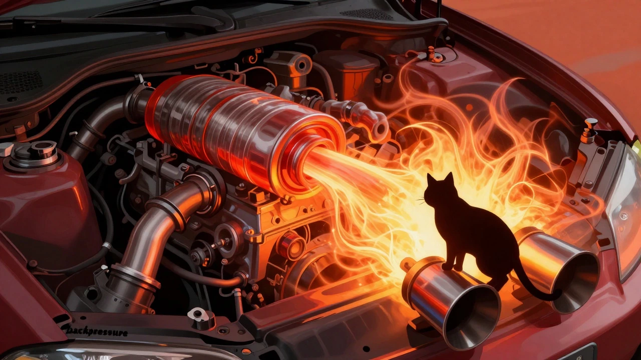 Diagram showing exhaust backpressure and heat stress on engine