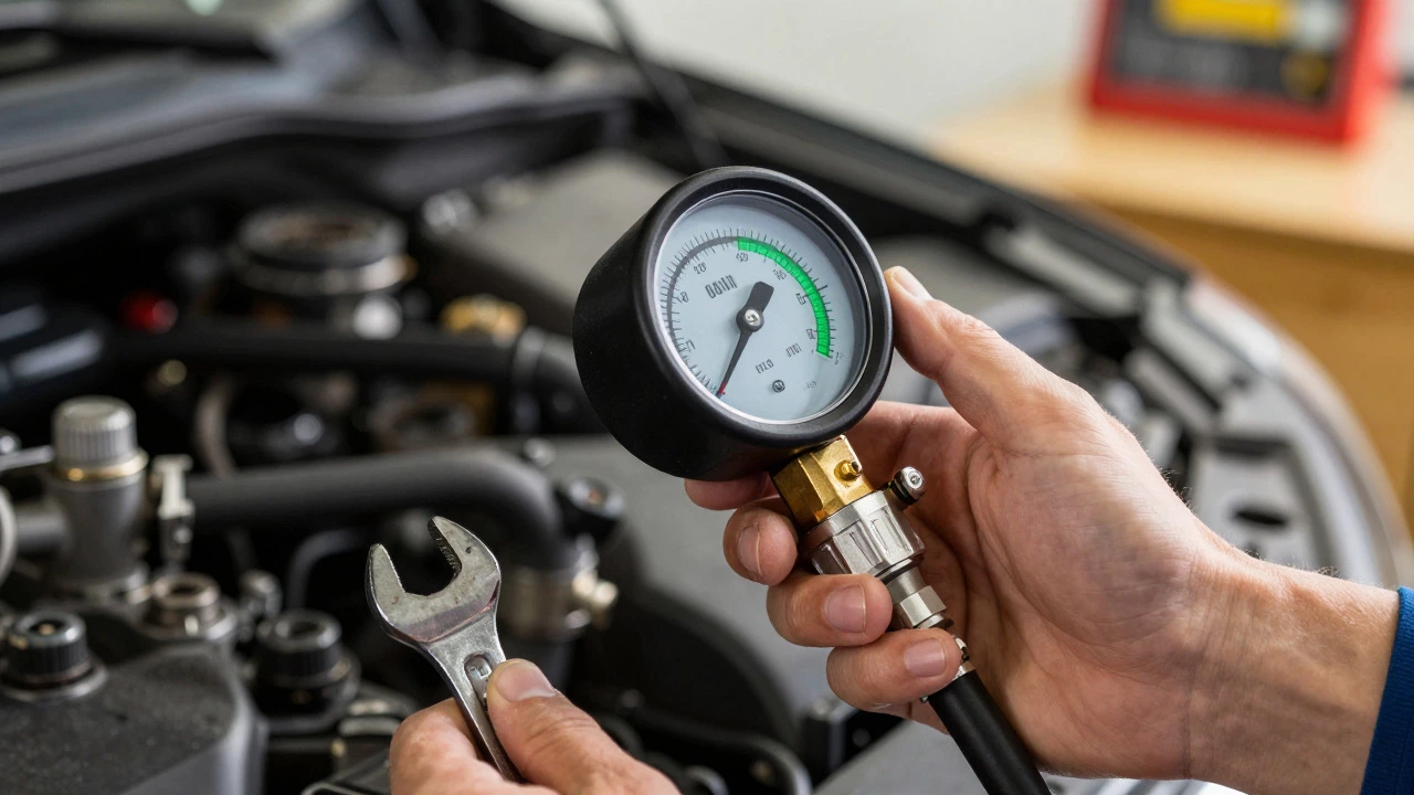 Digital fuel pressure gauge attached to a car fuel rail showing a normal pressure reading