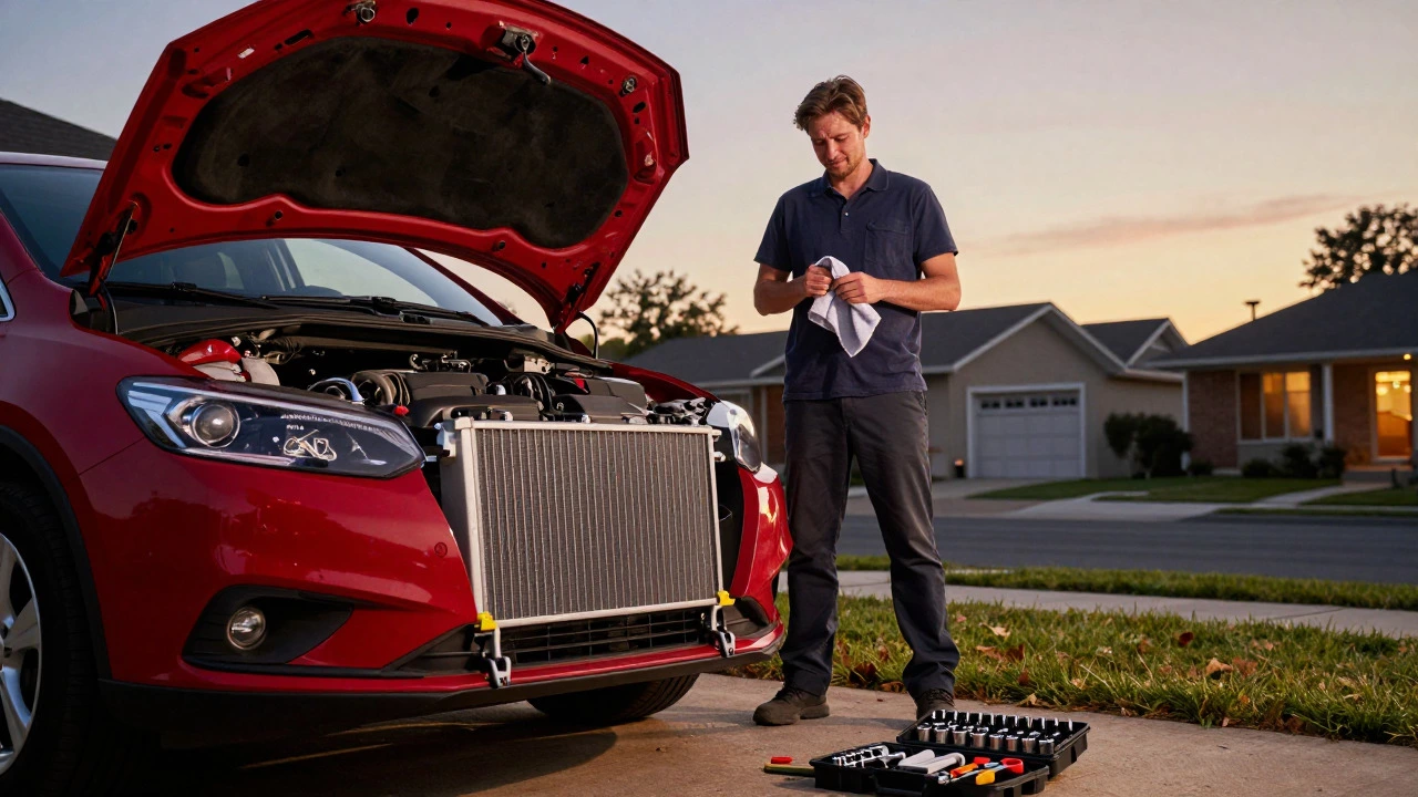 DIYer standing beside a car with a newly installed radiator at dusk
