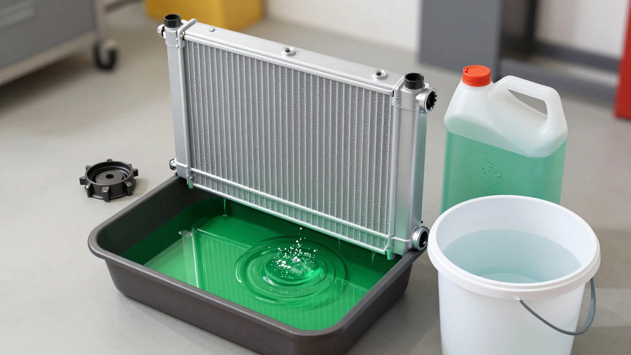 Draining green coolant into a pan during a radiator replacement job