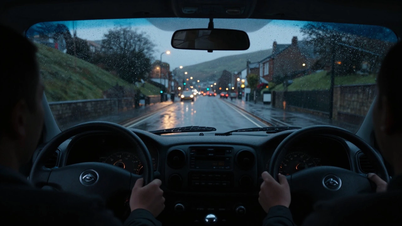 Driver braking in a rainy, hilly UK city street at twilight