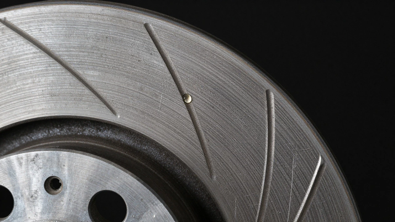 Macro shot of a damaged brake rotor with deep scoring grooves