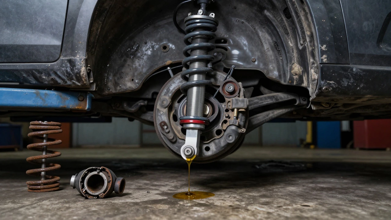 Mechanic inspecting leaking shock absorber under car