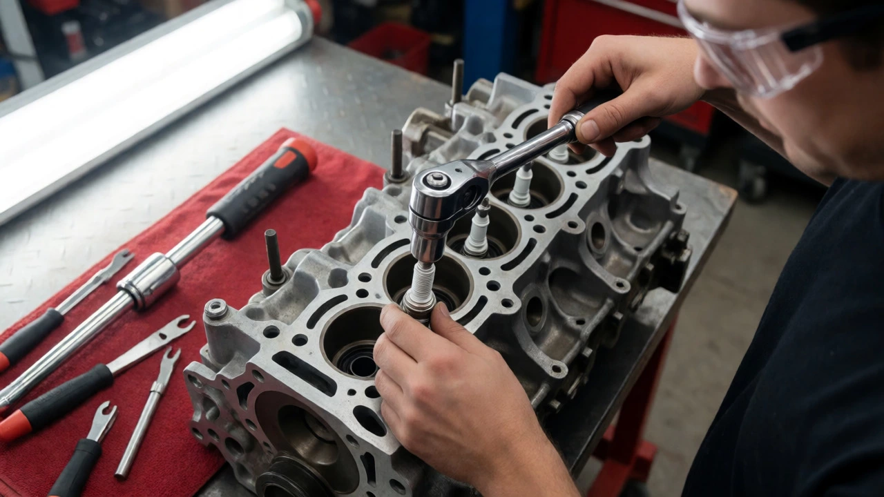 Mechanic installing a new spark plug into a car engine using a ratchet.
