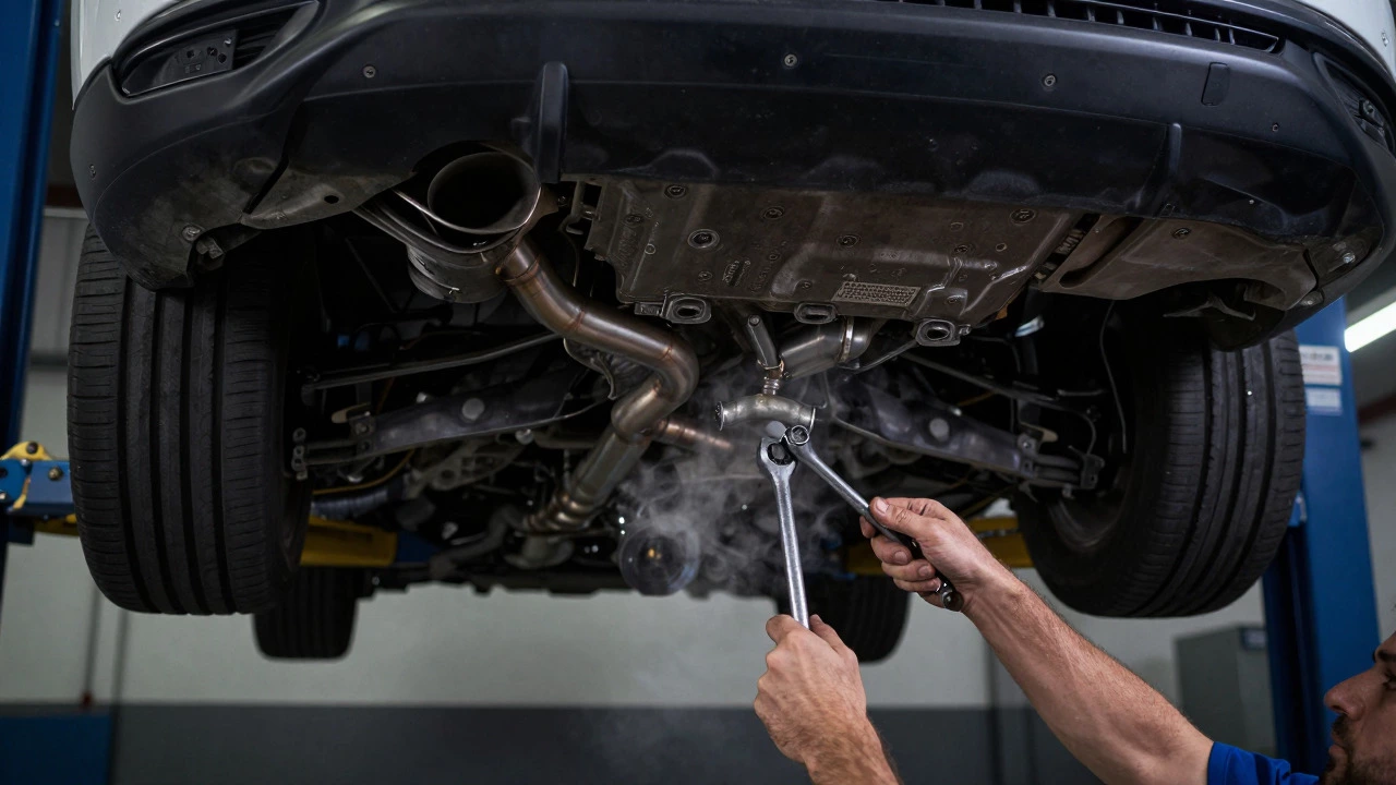 Mechanic installing exhaust under a car in a workshop