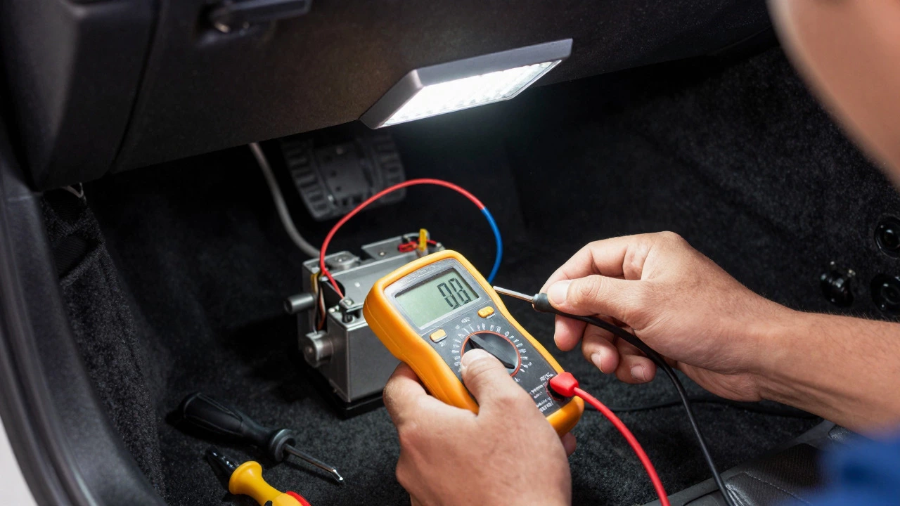 Mechanic testing fuel pump wires with multimeter