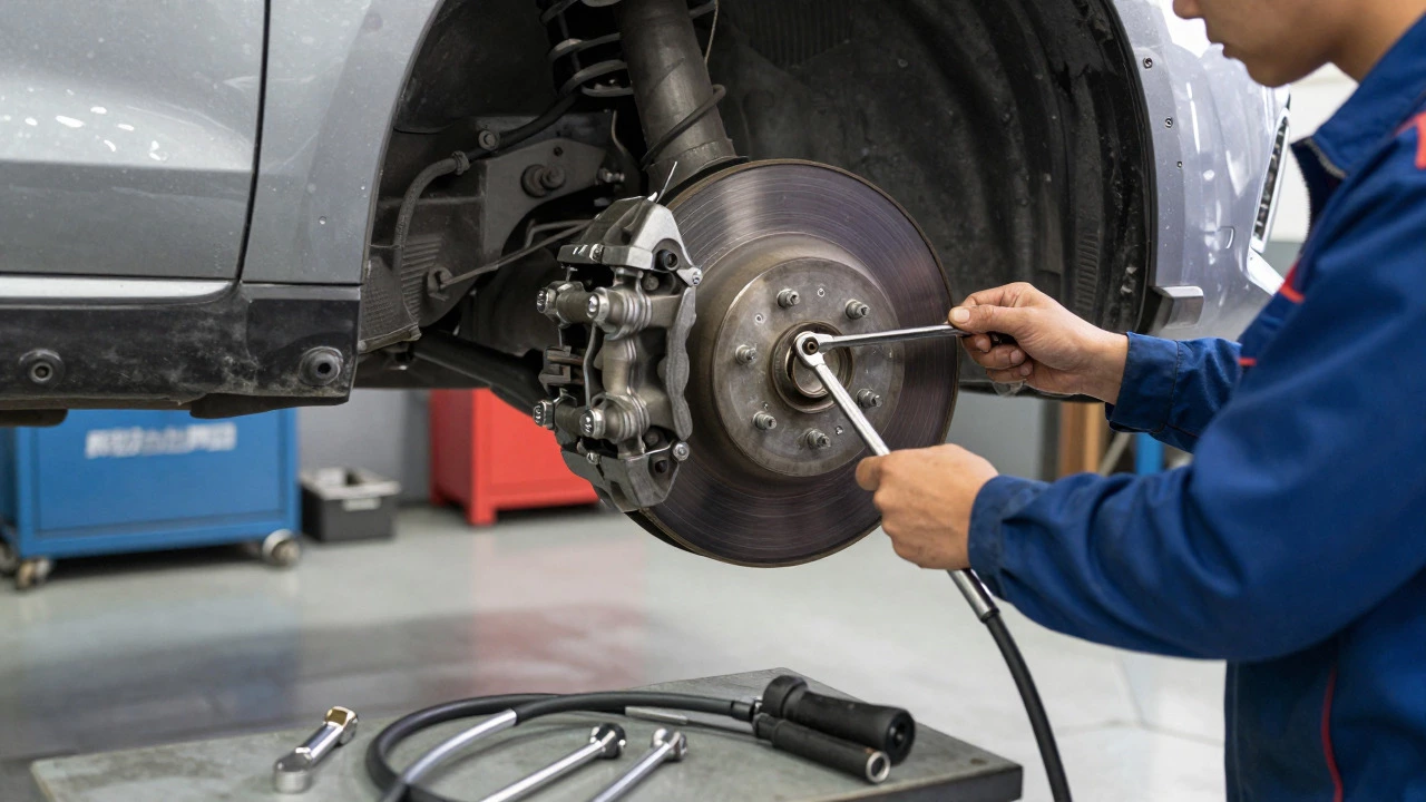 Mechanic tightening a bolt on a new brake caliper in a repair shop