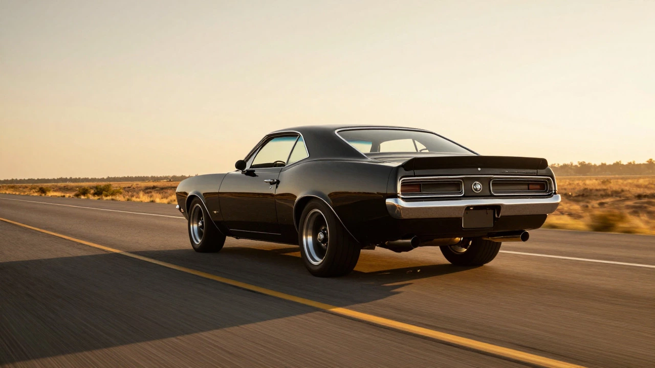 Muscle car driving on a highway during golden hour sunset