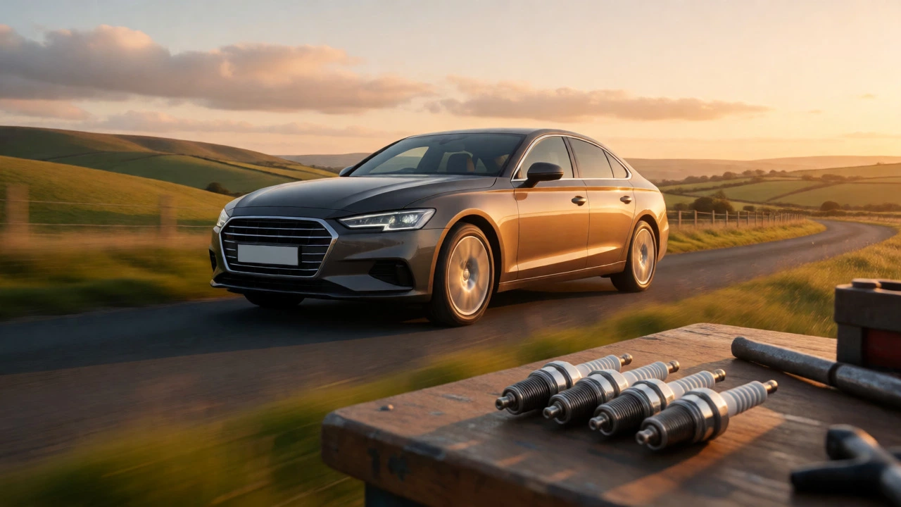 New spark plugs on a bench with a car driving on a sunny road.