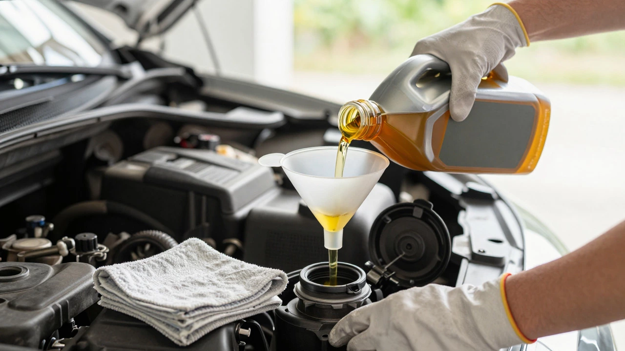 Person safely pouring new oil into engine using a funnel in a bright garage