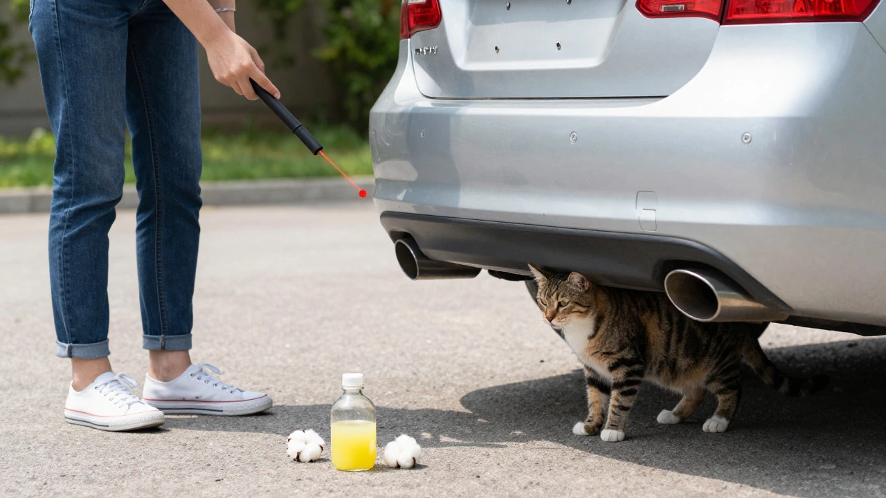 Person using laser pointer to safely lure cat from car exhaust