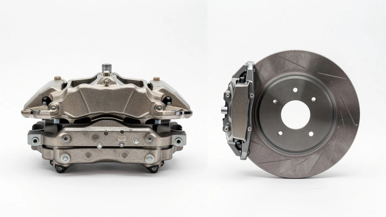 Side-by-side comparison of a large truck caliper and a small sedan caliper