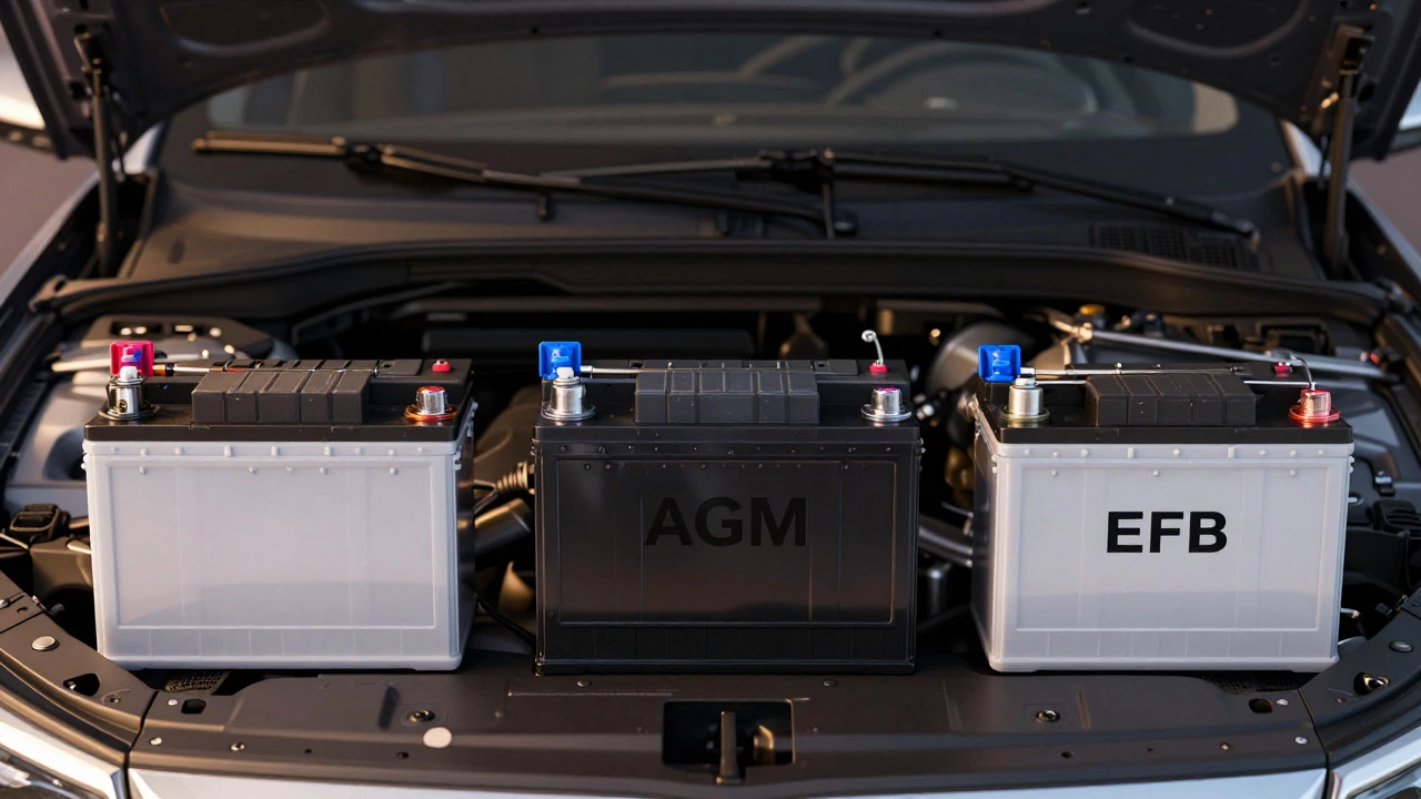 Three types of car batteries compared: lead-acid, AGM, and EFB under a car hood