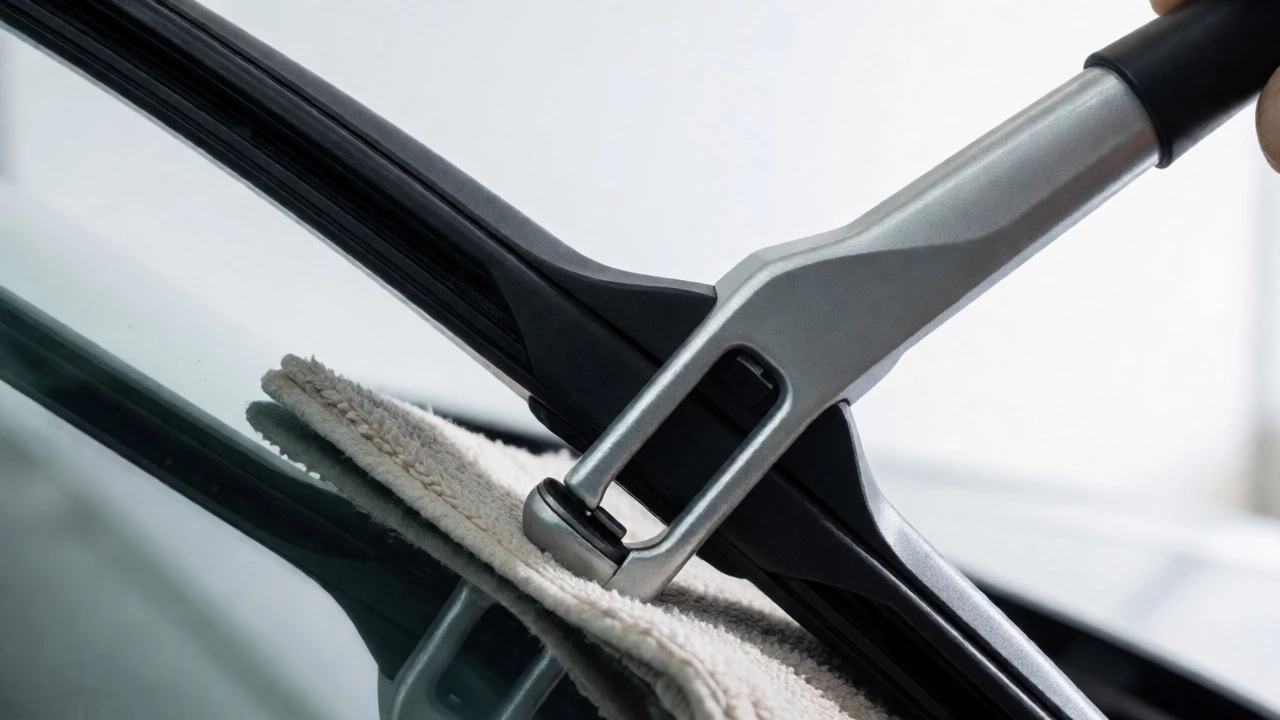 Close-up of a new wiper blade connector attaching to the wiper arm.