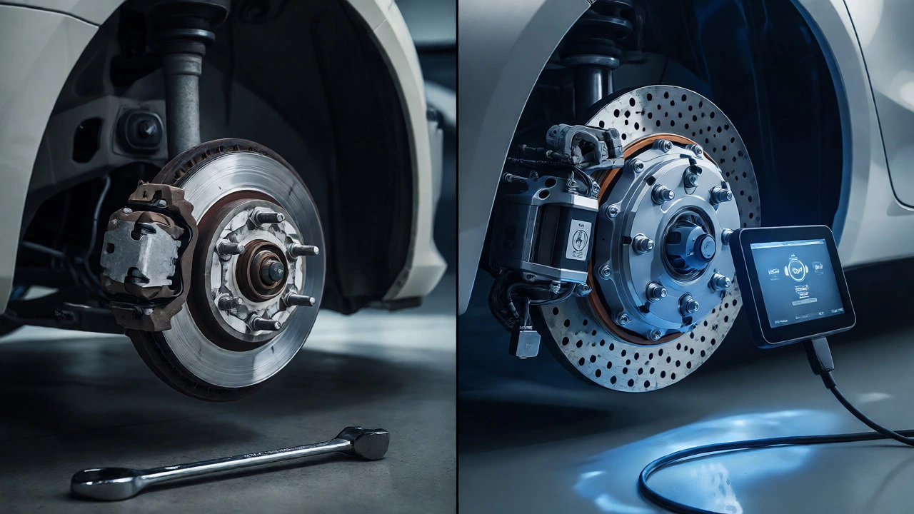 Comparison of standard hydraulic brakes versus modern electric parking brake systems.