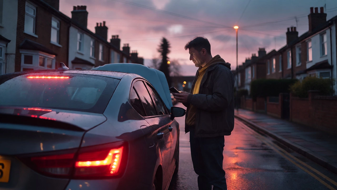 Concerned driver standing next to their car on a UK street