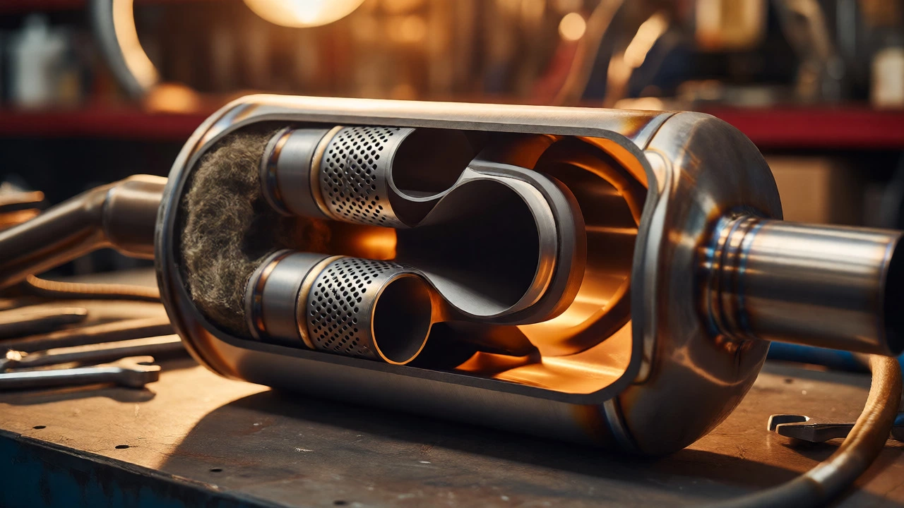 Cutaway view of a chambered car muffler revealing internal baffles and structure
