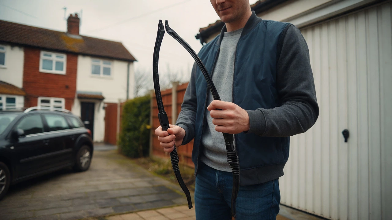 Driver inspecting new wiper blades in a driveway before installation.