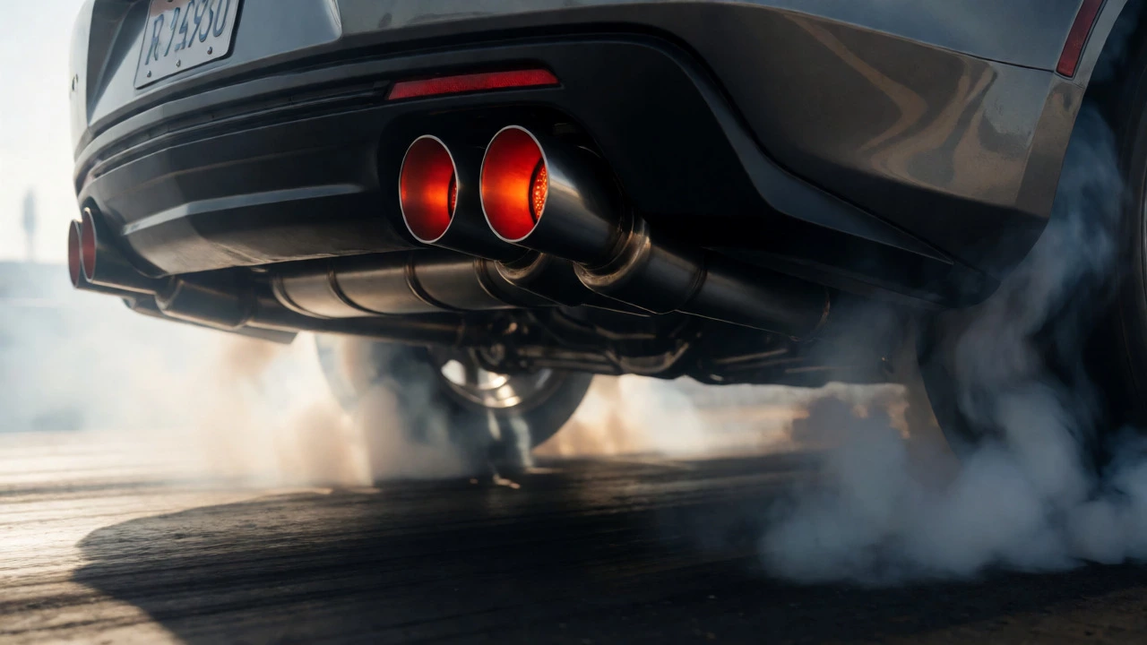 Glowing 5-inch exhaust tips on a V8 muscle car launching from a drag strip