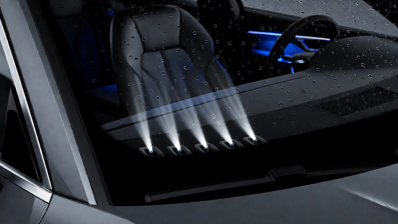 Laser system vaporizing raindrops on a car windscreen