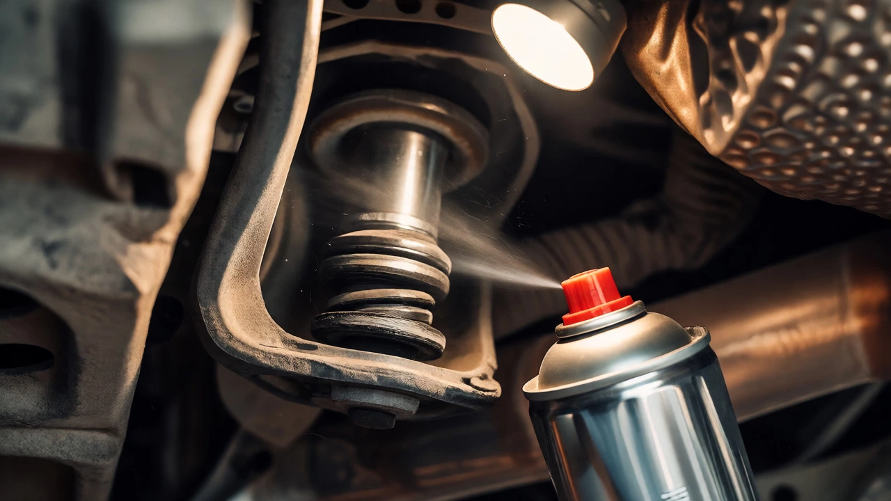 Lubricant being sprayed onto a dry sway bar link joint under a car.