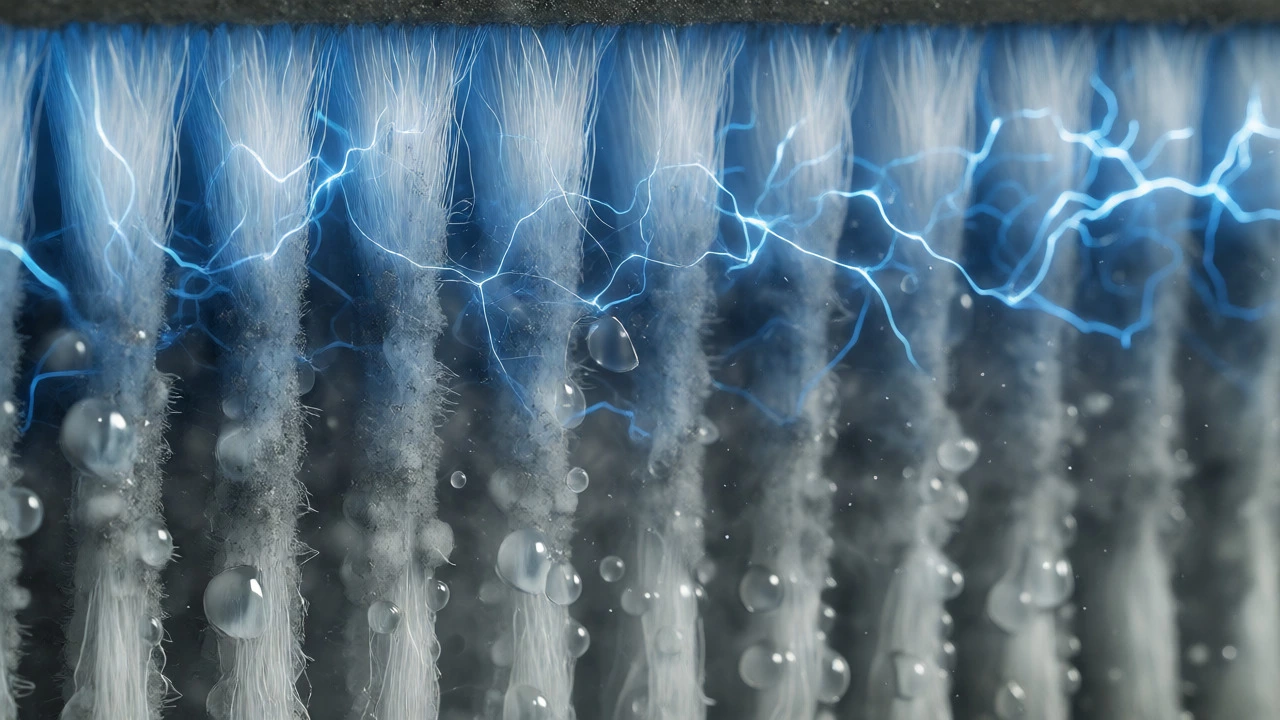 Macro view of electrostatic filter losing charge due to humidity