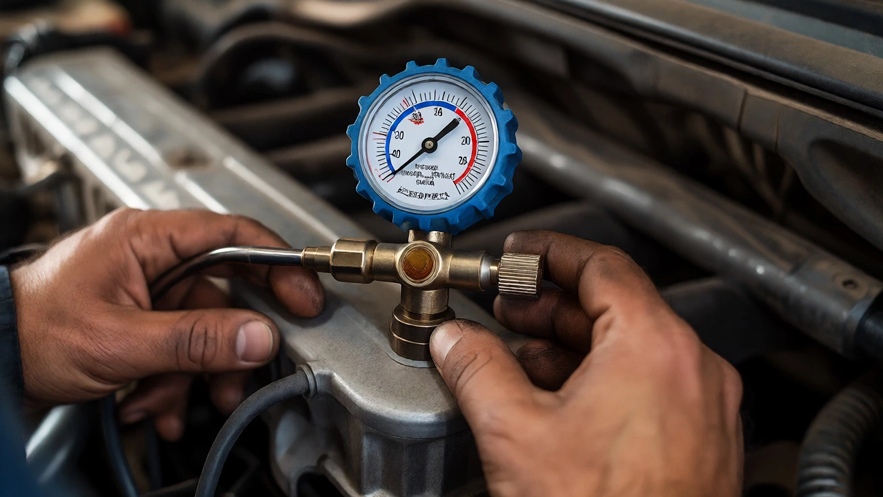 Mechanic checking low fuel pressure with gauge