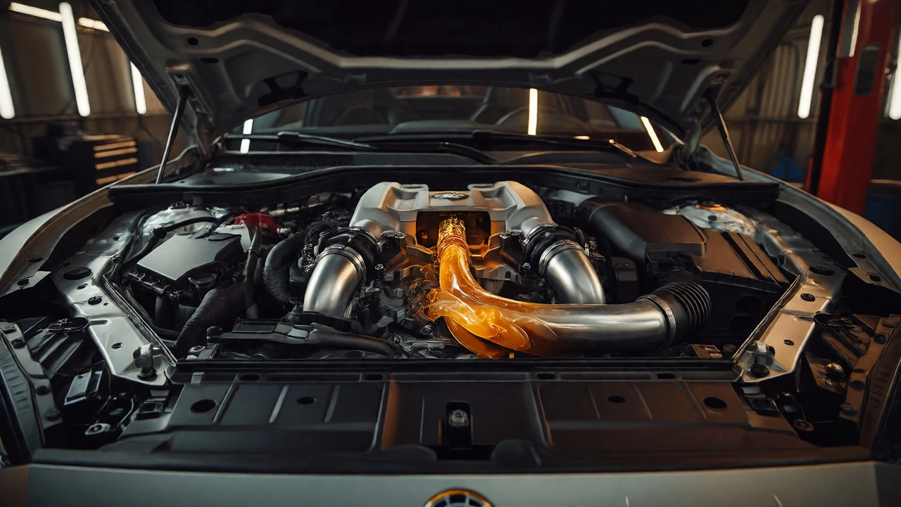 Modern turbocharged engine with flowing synthetic oil in a workshop setting