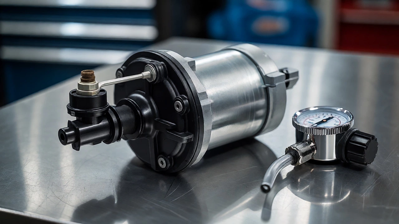 New fuel pump assembly and pressure gauge on a workbench