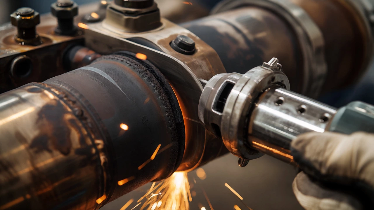 Reciprocating saw cutting a rusted exhaust clamp with flying sparks